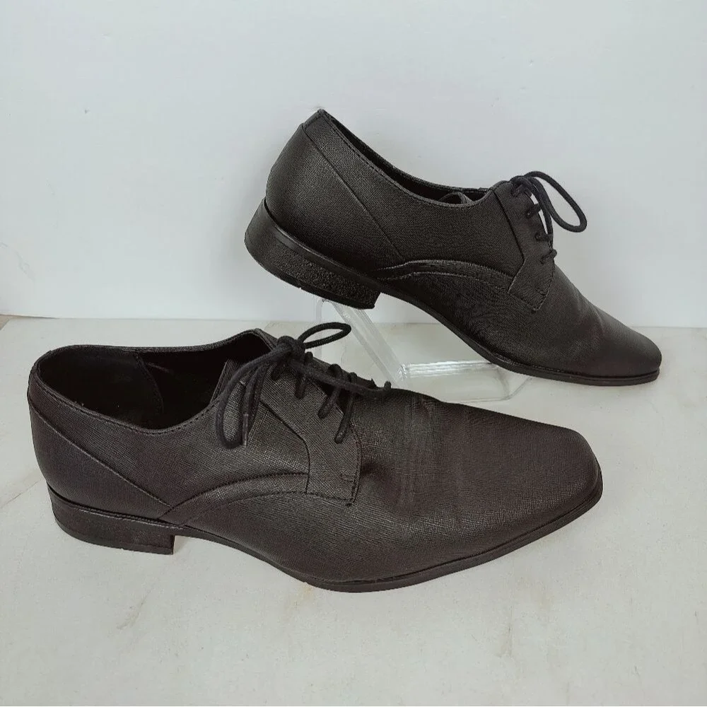 Calvin Klein Men's Benton Black Faux Leather Weave Oxford Dress Shoes, 10